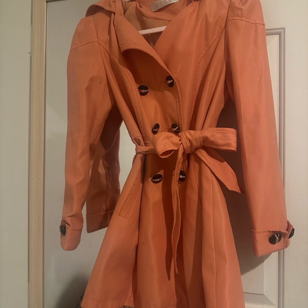 Women's Peach Double-Breasted Lace trim A-line Trench Coat Dress